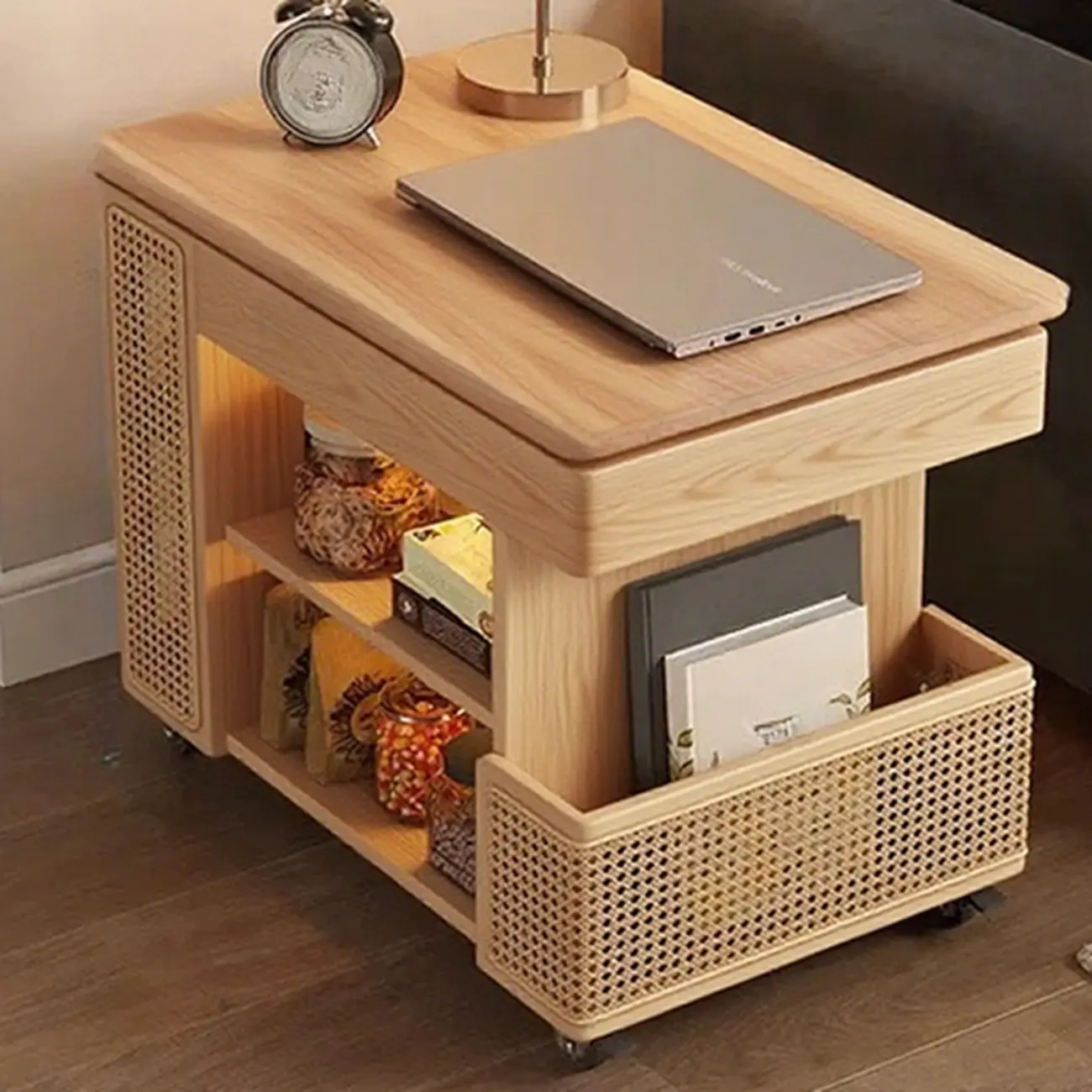 Swivel Tabletop Adjustable Wood Side Table with Wheels