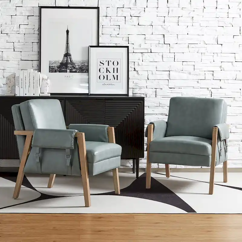 Olivia Farmhouse Faux Leather Accent Chair with Solid Wood Legs Sets of 2 by HULALA HOME