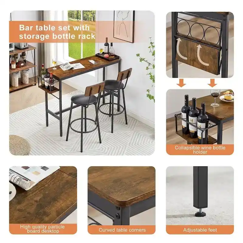 3 PCS Industrial Bar Table Set with Wine Rack