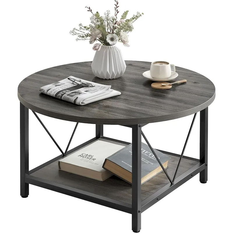 Industrial 2-Tier Round Coffee Table with Shelf