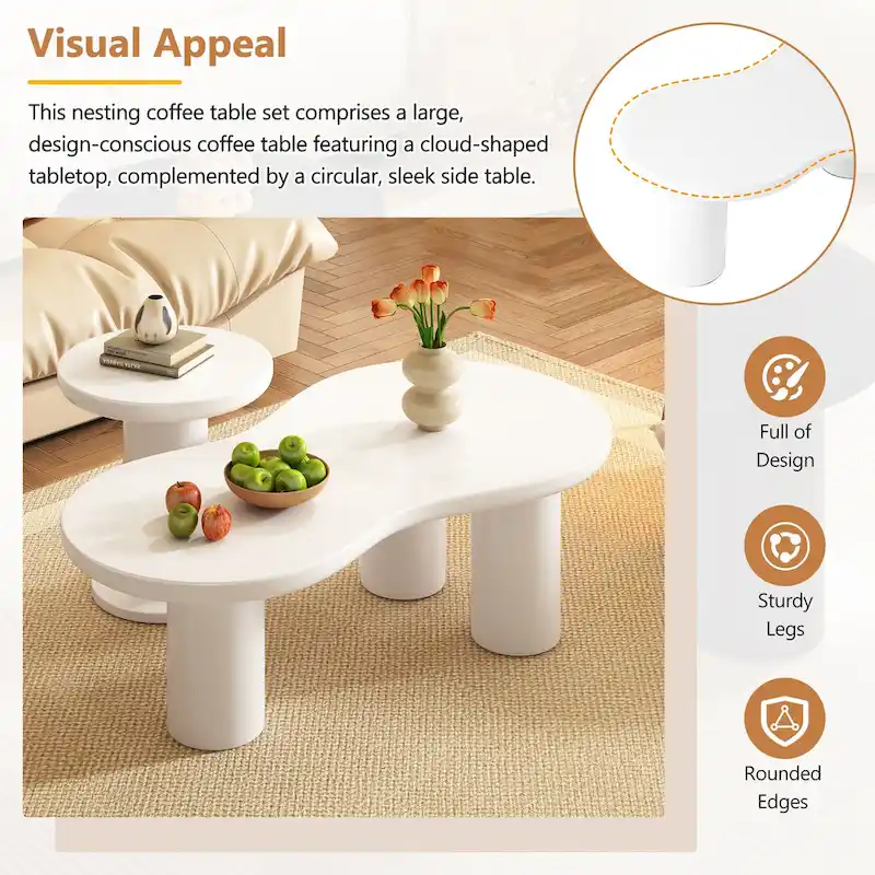 Set of 2 Nesting Cloud Coffee Table with Round Small Side Table