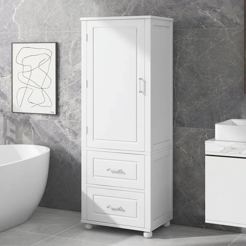 Tall Freestanding Bathroom Storage Cabinet with Two Drawers and Adjustable Shelf