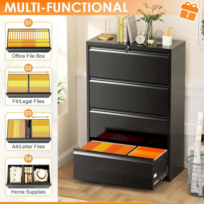 4 Drawer Metal Lateral Filing Cabinet with Lock