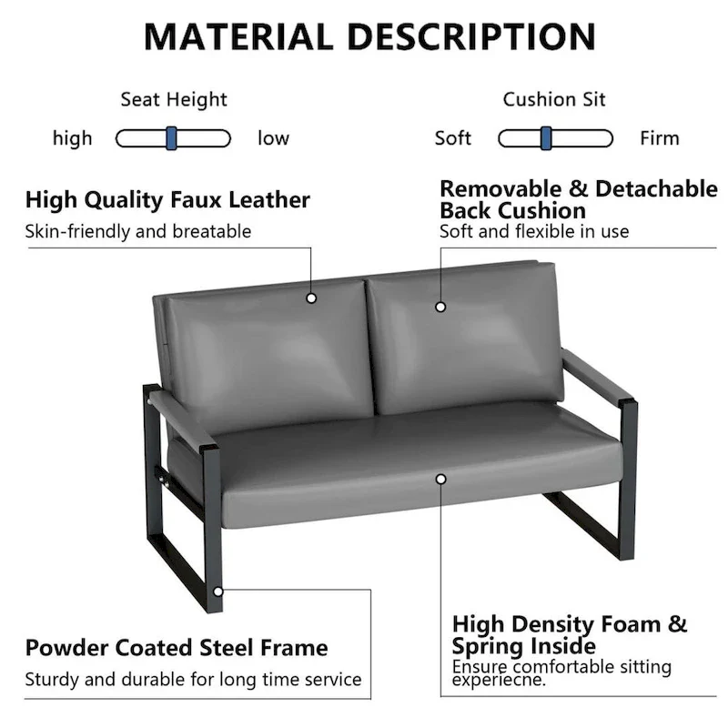 Mid-Century Style Faux Leather Loveseat Sofa with Steel Frame