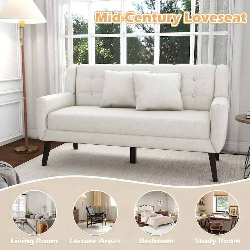 Modern Curved 63  Button Tufted Upholstered Loveseat with 2 Pillows