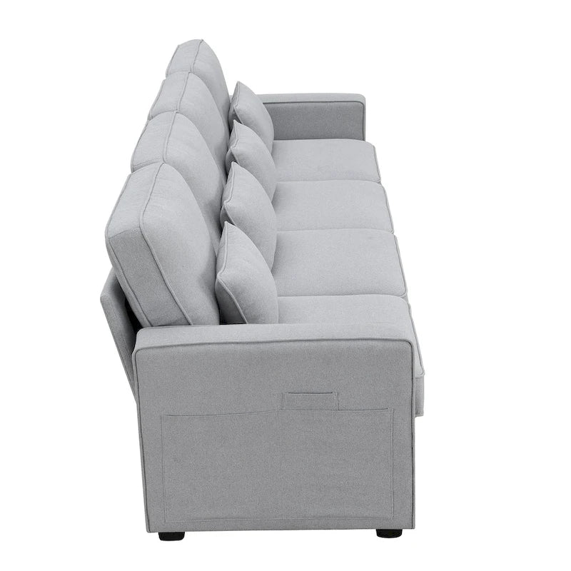 104 4-Seater Modern Linen Fabric Sofa with Armrest Pockets and 4 Pillows