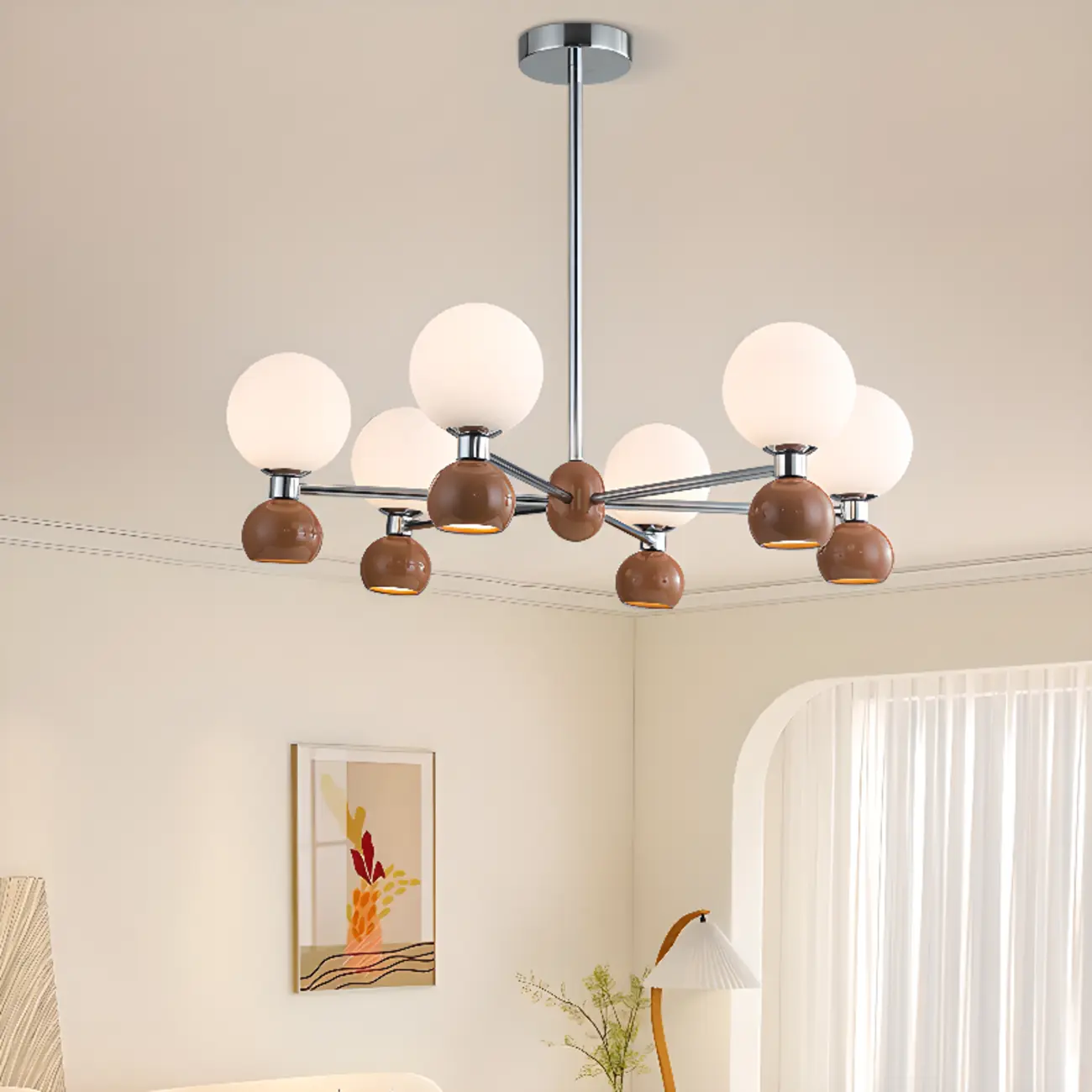 Modern Style White Globe Chandelier with Metal Frame