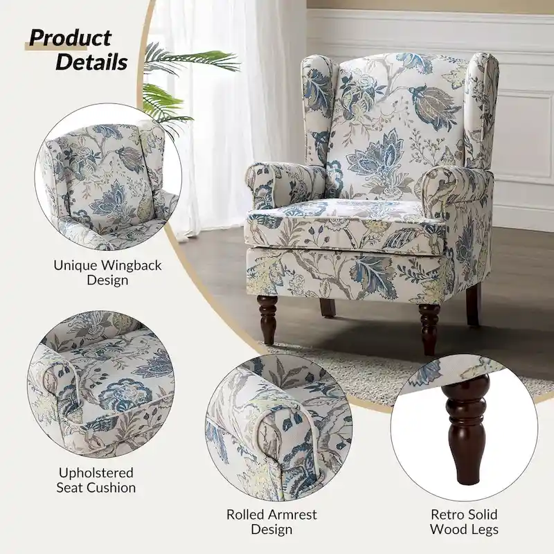 Epimethis Traditional Fabric Accent Wingback Armchair with Turned Legs by HULALA HOME