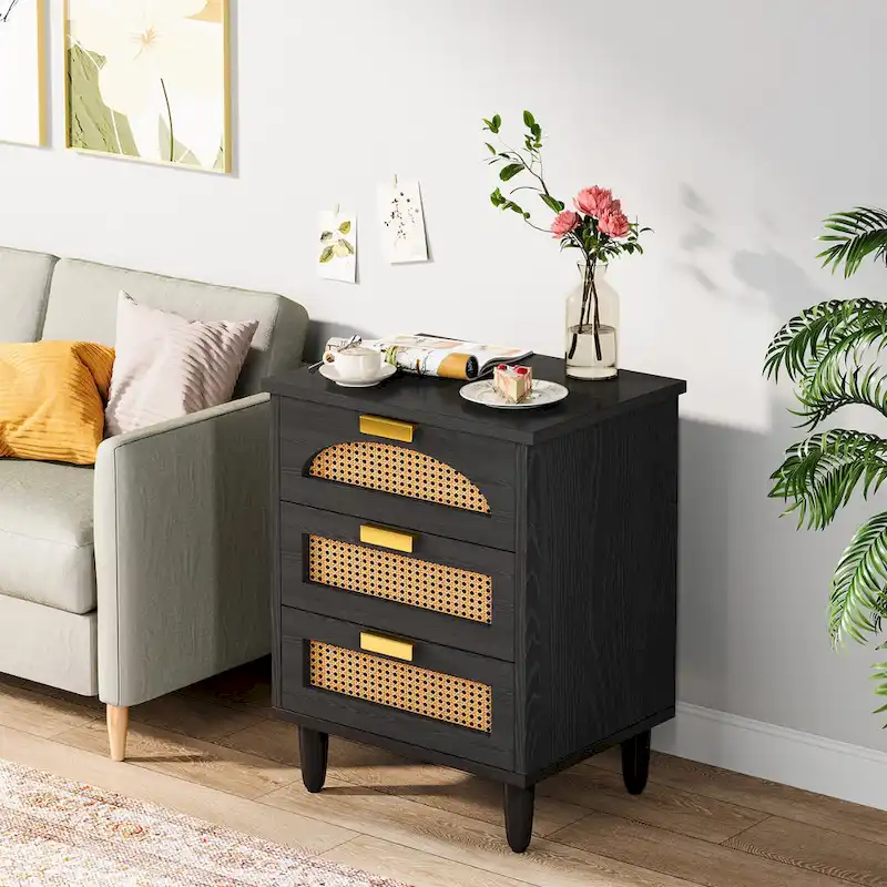 Green Wood Nightstand with Rattan Accents - 3 Drawer (20