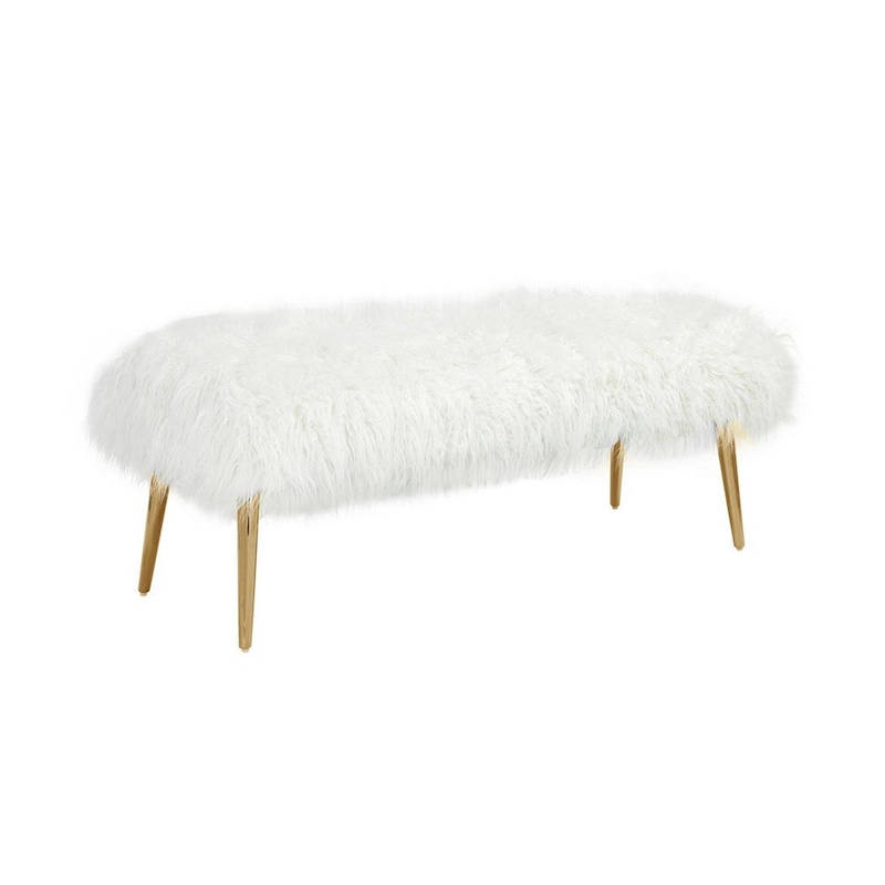 Ammy 45 Inch Bench, White Faux Fur Padded Seat, Glam Gold Metal Finish