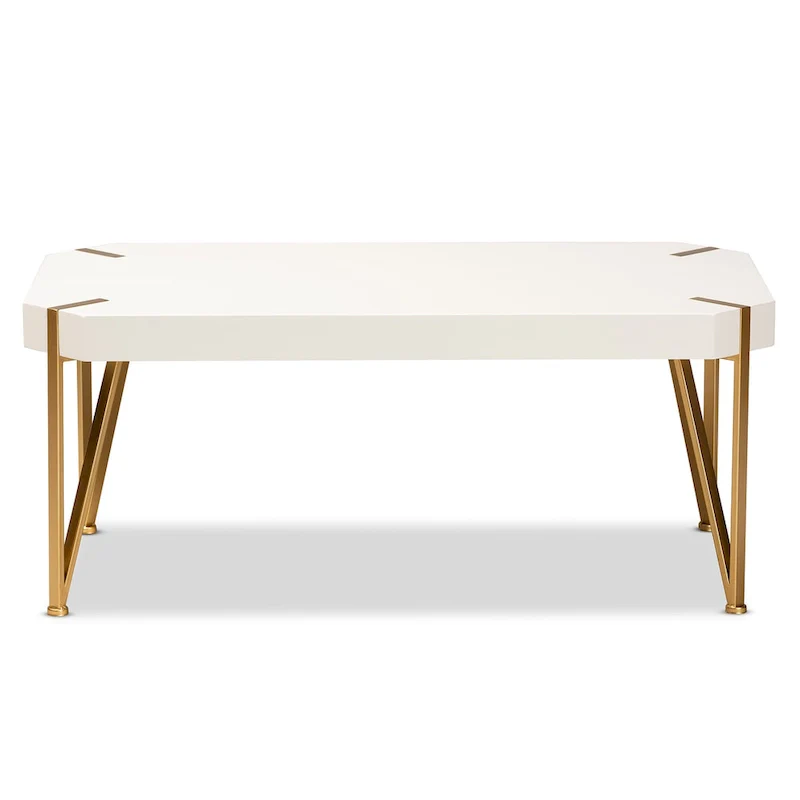 White & Gold Coffee Table - Rectangular with Angled Metal Legs (43.5