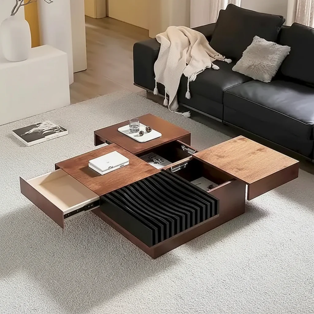 Mid-Century Modern Square Coffee Table Walnut Wood Finish Living Room Table