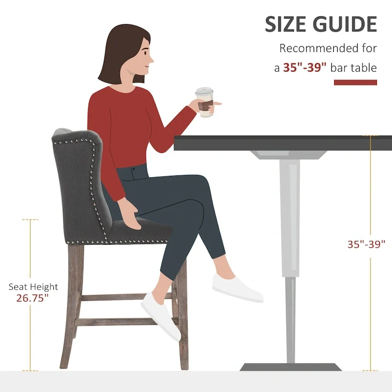 HOMCOM 2 Piece Counter Height Barstools Kitchen Breakfast Stools with Nailhead-Trim and Tufted Back, Solid Wood Legs