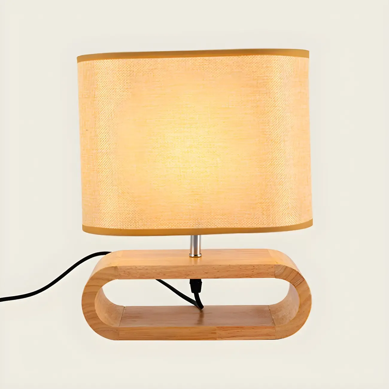 Bedside Wood LED Plug In Table Lamp in Fabric Shade