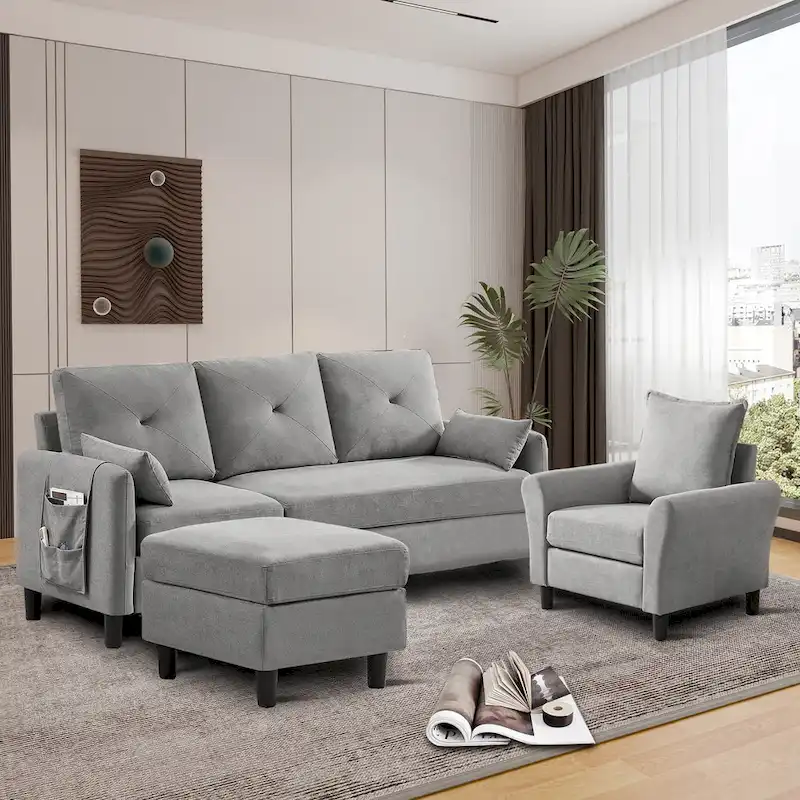 3-Pieces Sectional Sofa Set with Ottoman and Chair
