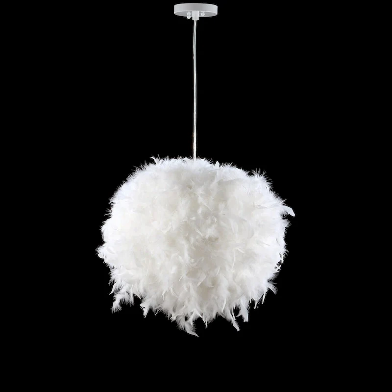 Simon 19  Feather Metal Adjustable LED Pendant, White by JONATHAN Y