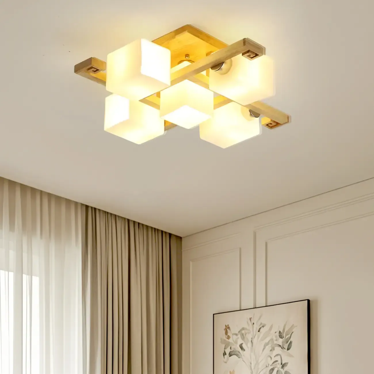 8.5 Height Square Glass Natural Wood Semi Flush Ceiling Light