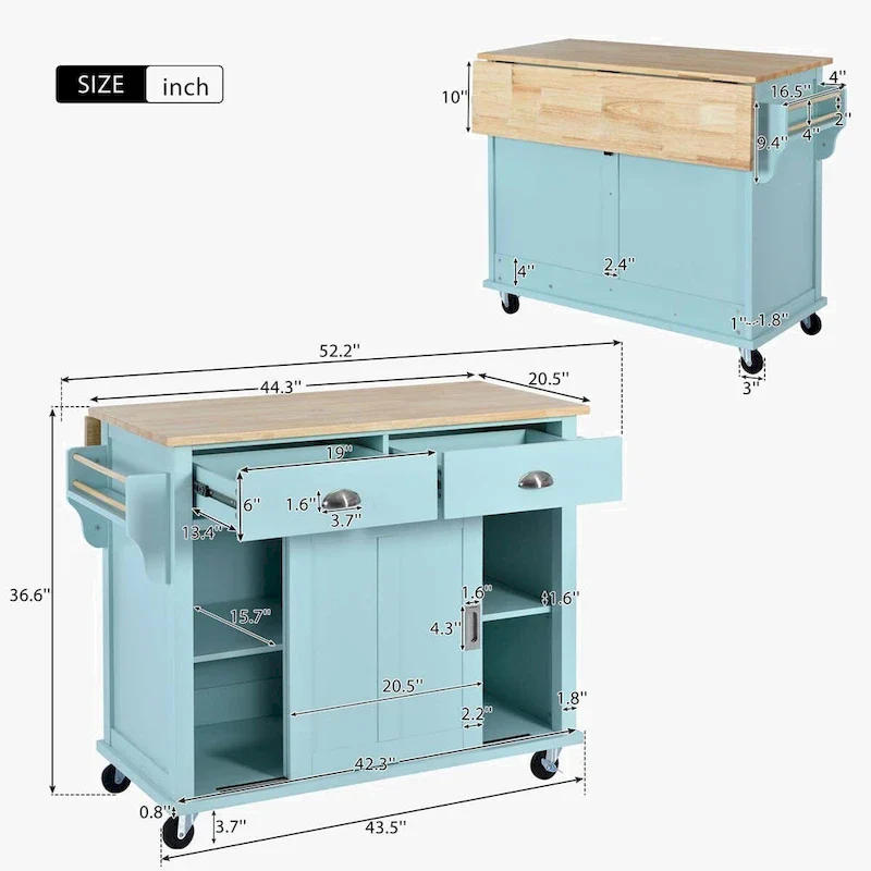 Kitchen Cart with Rubber wood Drop-Leaf Countertop