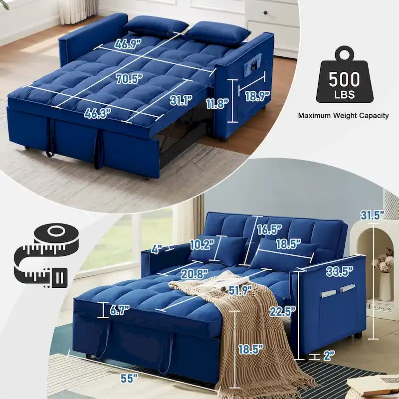 Convertible Sleeper Loveseat, 3-Position Backrest, Velvet, Foam, Side Pockets, USB, Seats 2/Twin Bed, Blue/Black/Grey