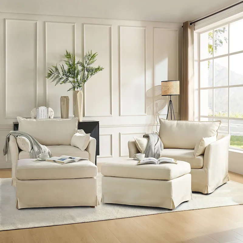 Sophie Modern Oversized Slipcovered Armchair with Ottoman and Lockable Rear Wheels Set of 2 by HULALA HOME