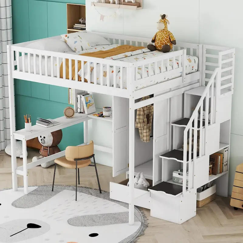 Full Loft Beds Stairway Loft Bed Frame with Wardrobe, Desk, Bookshelf and Drawers