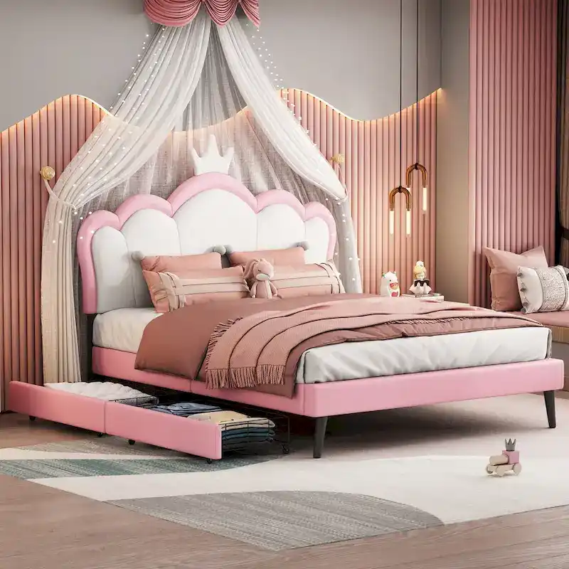 Upholstered Princess Bed with Crown Headboard & Drawers