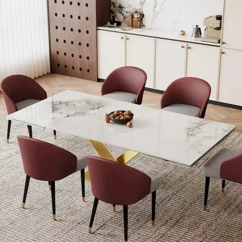9 - Piece 94.48 Rectangular Extendable Sintered Stone Dining Table with 8 Faux leather Chairs Dining Set