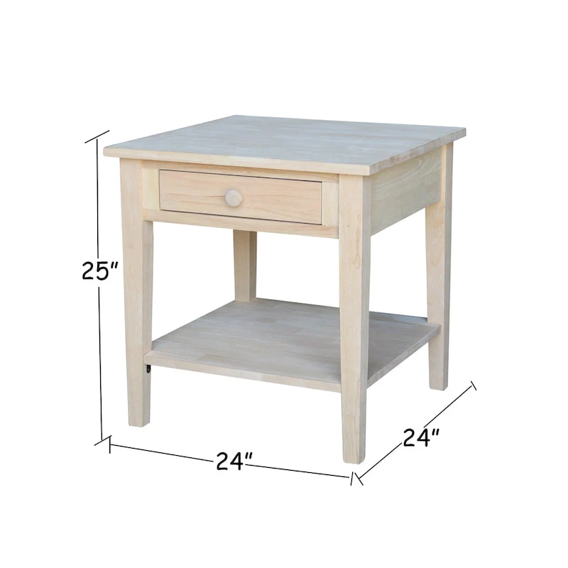 Square Solid Parawood End Table with Drawer & Shelf, 24