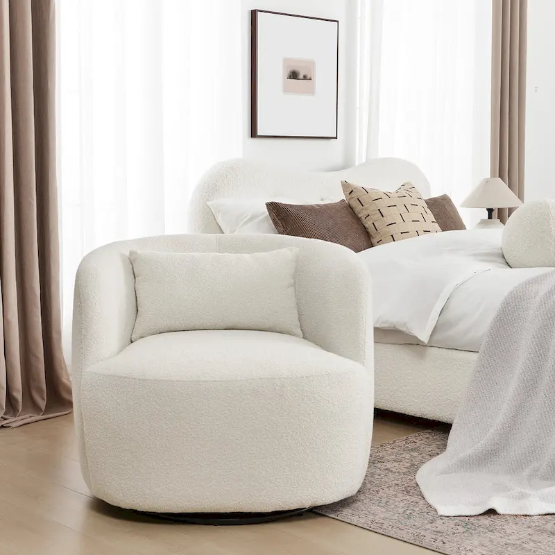 KINWELL 34 Poly Blend Boucle Fabric Upholstered Swivel Armchair