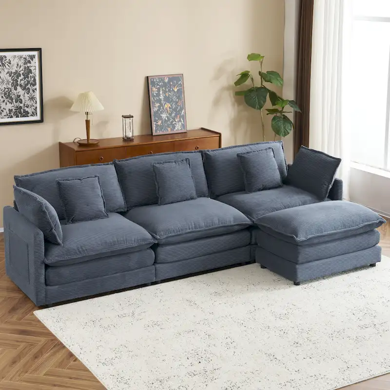 Sectional Sofa with Movable Ottoman Corduroy L-Shaped Upholstered Deep Seat Couch with Lumbar Pillows and Side Pockets