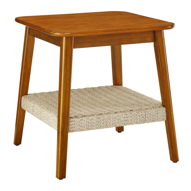 Mid-Century Square Side Table with Woven Shelf Walnut