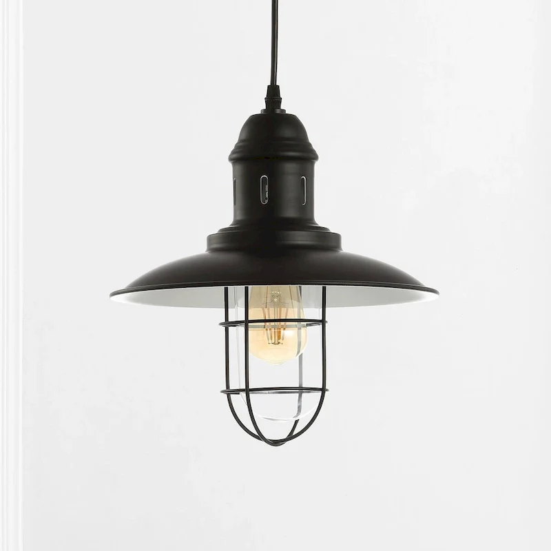 Deere 12  Adjustable Iron/Glass Cage Light LED Kitchen Pendant, Black by JONATHAN Y