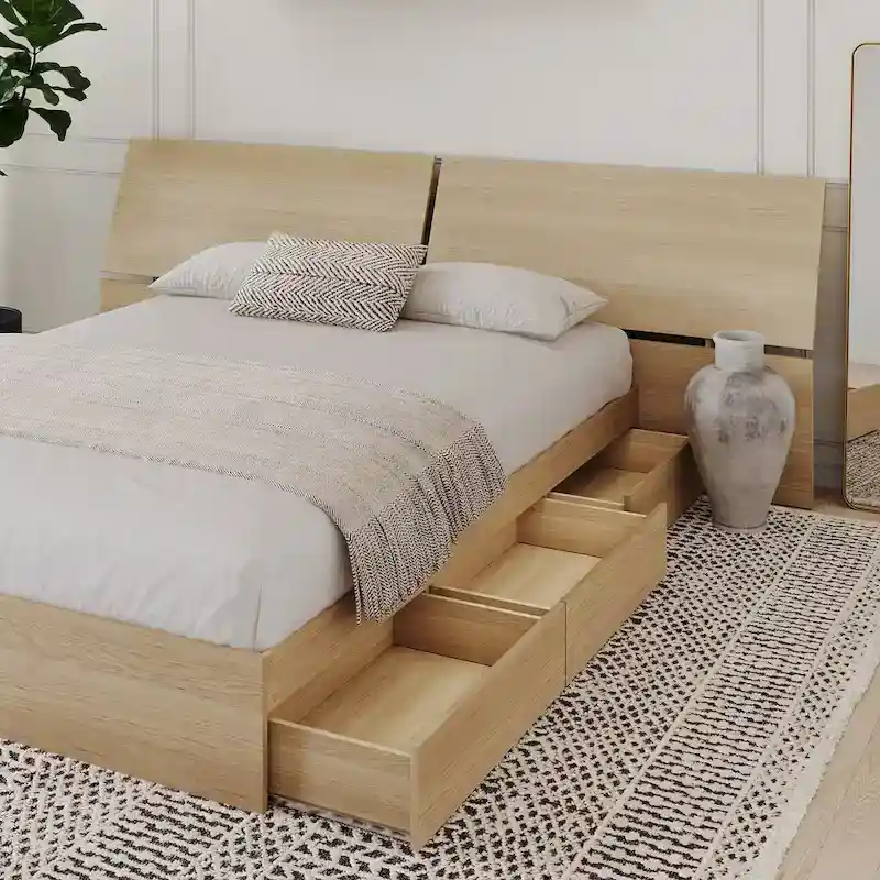 Nordik Storage Bed and Panoramic Headboard, Natural Maple