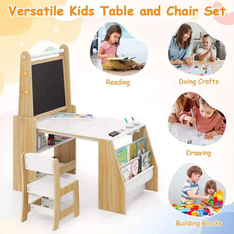 Costway Kids Art Table and Chair Set with Easel & Chair Whiteboard & Chalkboard Paper Roll