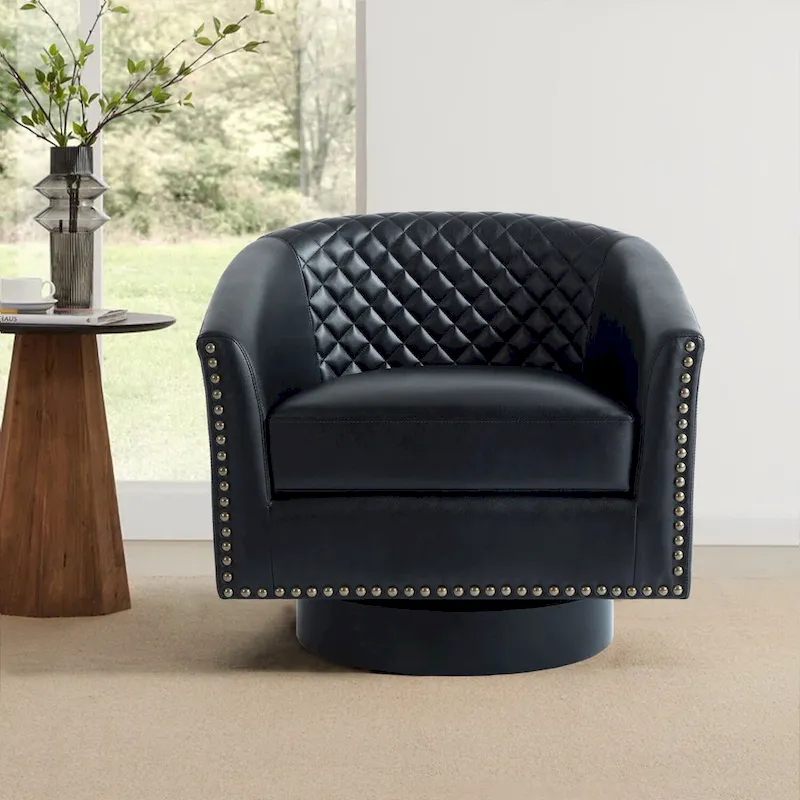 Modern Armchair Faux Leather Nailhead Trim Swivel Accent Chair