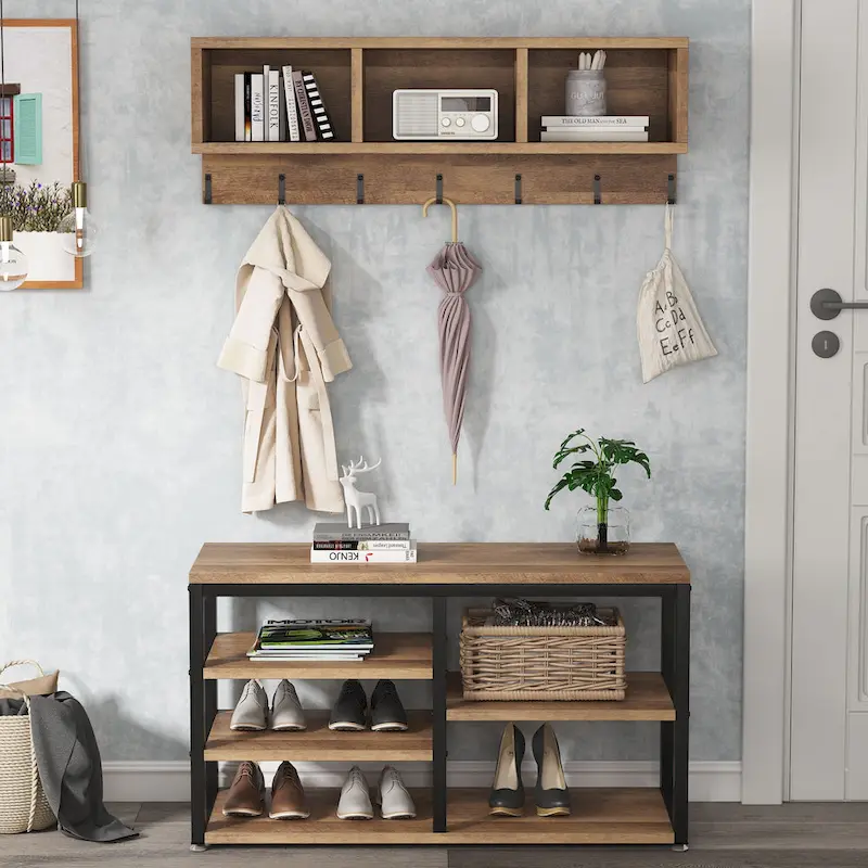 Hall Tree with 7 Hooks, Entryway bench with coat rack
