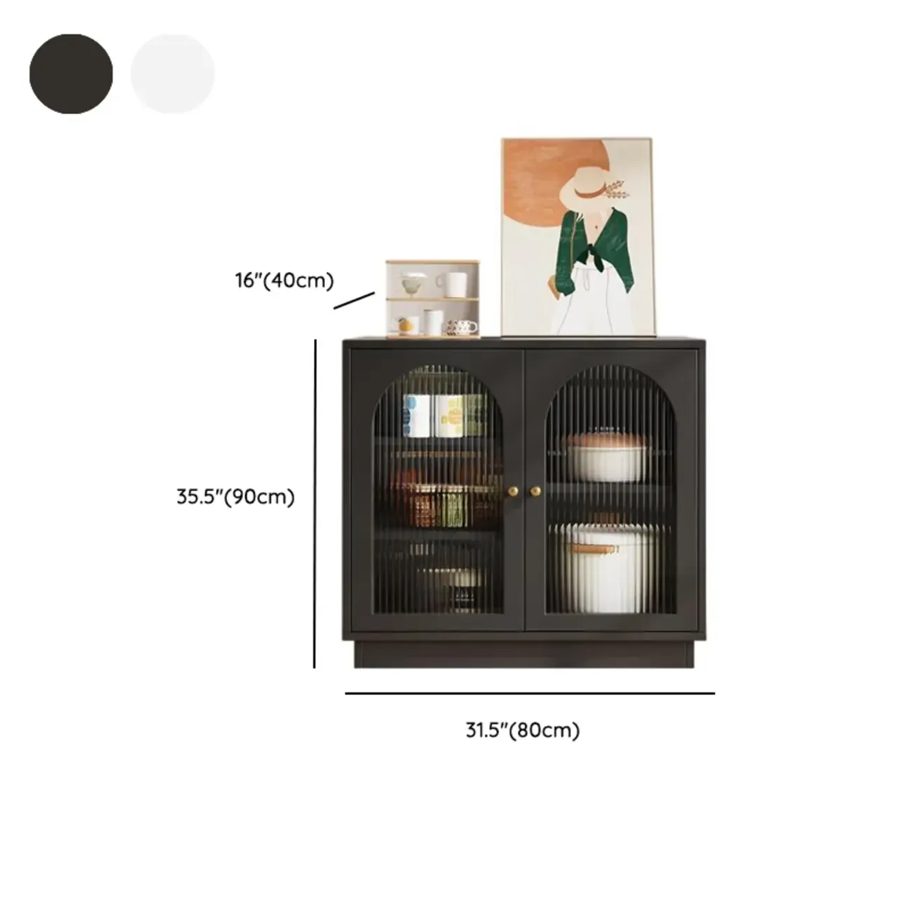 Elegant Adjustable Arched Glass Wood Buffet Cabinet with 3 Drawers