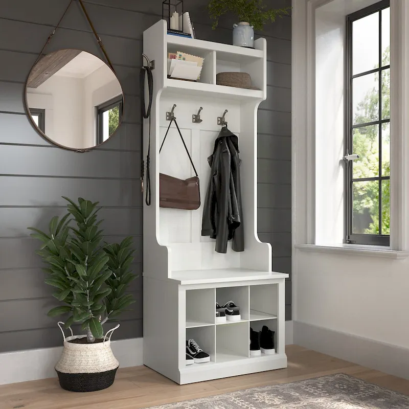 Woodland Hall Tree and Small Shoe Bench with Shelves by Bush Furniture