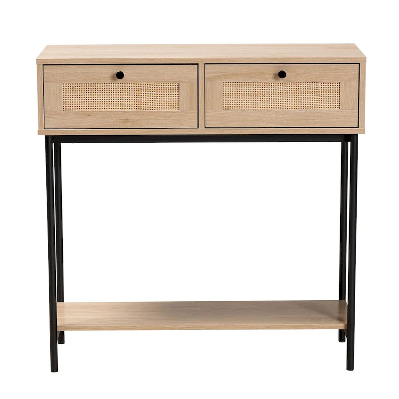 Sherwin Mid-Century Modern Light Brown and Black 2-Drawer Console Table with Woven Rattan Accent