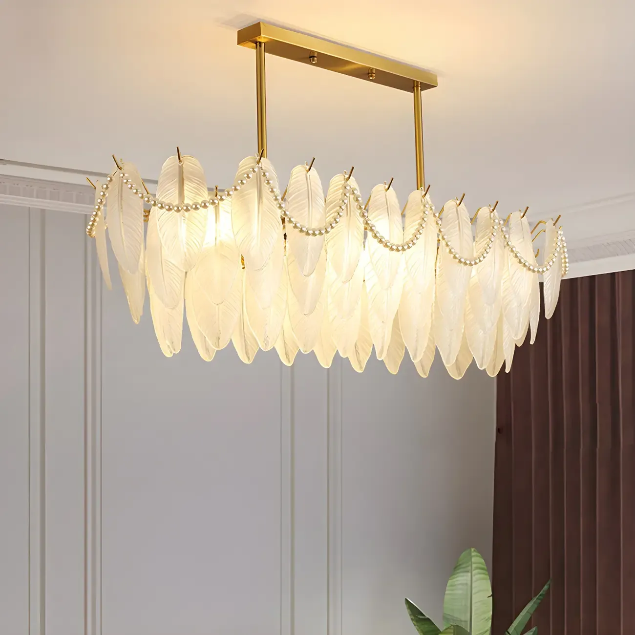 Adjustable Modern Glass Feather Island Chandelier in Gold