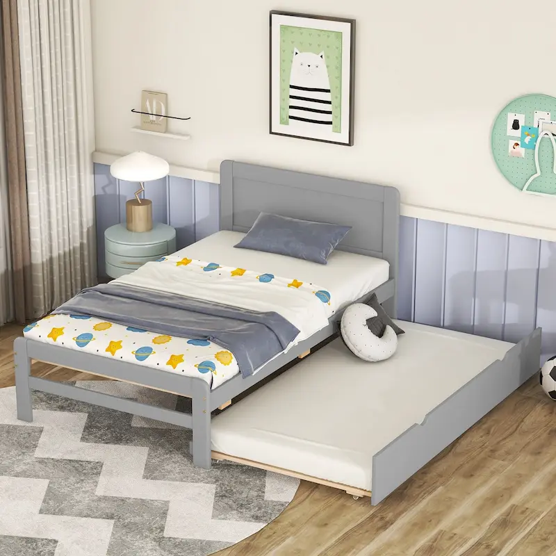 Grey Twin Platform Bed Frame in Solid Wood with Trundle and Modern Wood Headboard