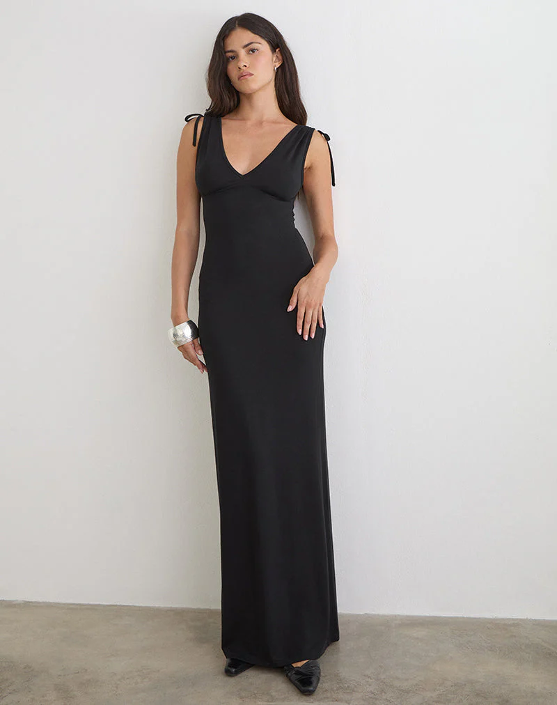 Sanyu Plunge Maxi Dress in Cupro Black