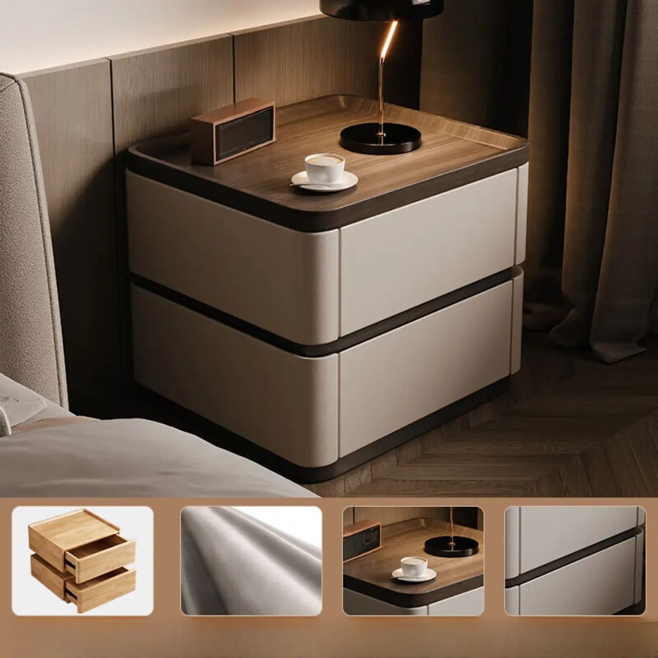 Wooden Overbed 2 Drawers Nightstand with Grooved Top