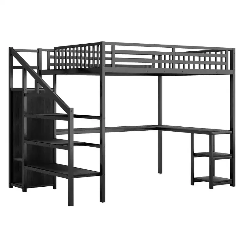 Full/Queen Metal Loft Bed with Wardrobe, L-Shaped Desk, USB & LED Lights, Space-Saving Gaming Loft Bed Frame - ModernLuxe