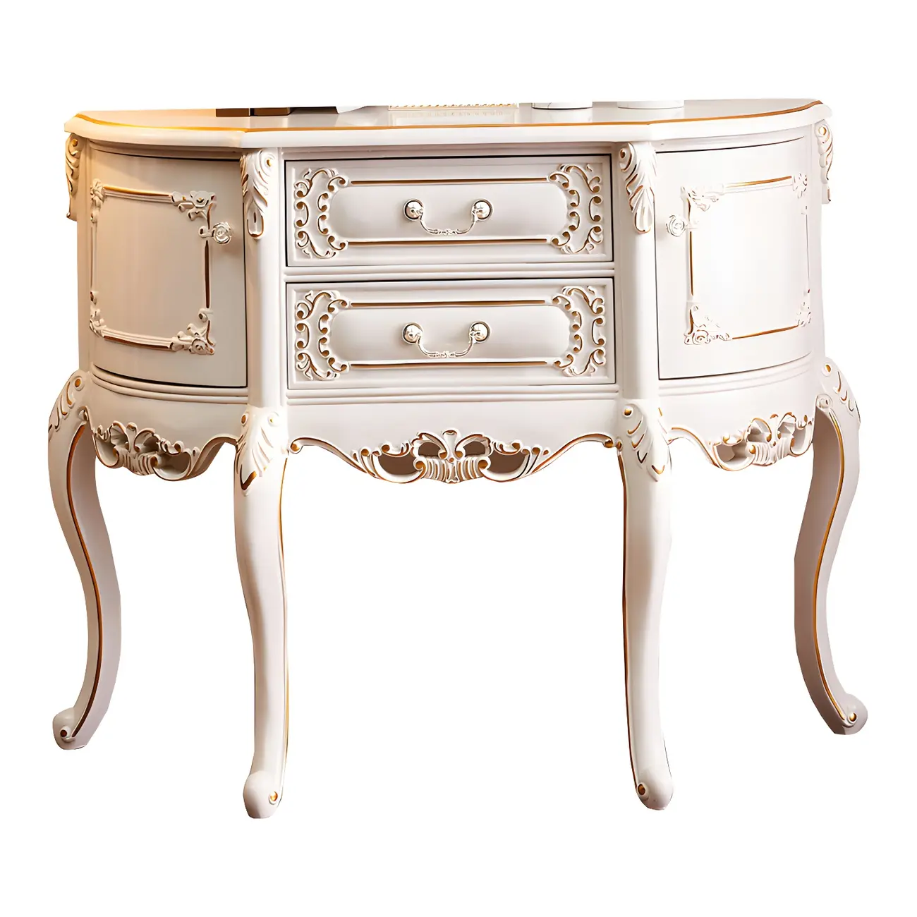 French White Wood Console Table with Drawers in Scratchproof