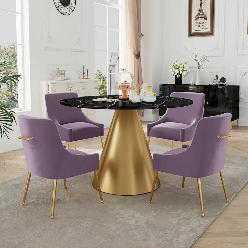 Clihome 5 Piece Black Marble Top Table with Velvet Dining Chair Set