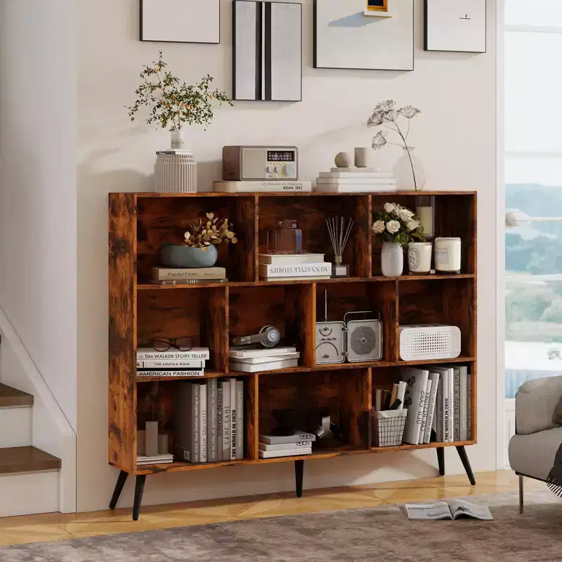 10-Cube Storage Shelf Bookcase, Wood Cube Storage Organizer, Wooden 3-Tier Bookcase for Living Room/Office, Display Cabinet, Home Decor Storage Cubes