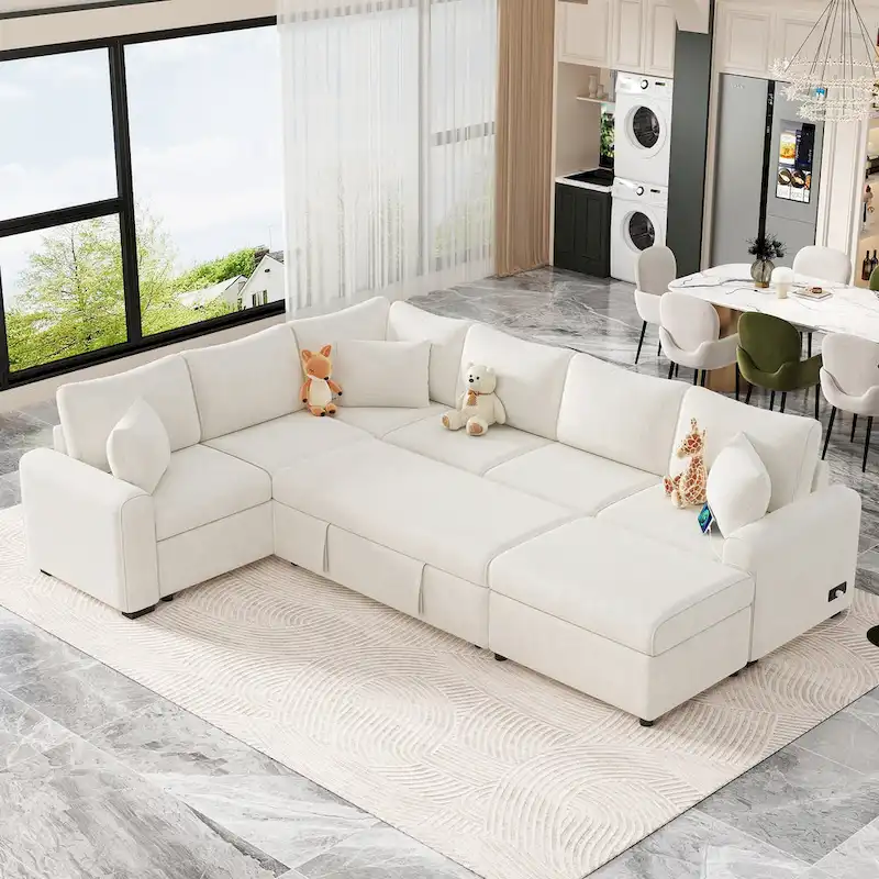 Chenille Sectional Sofa Pull-out Sofa Bed, L-Shape Sleeper Sofa with Storage Ottoman, 3 Pillows and Charging Devices