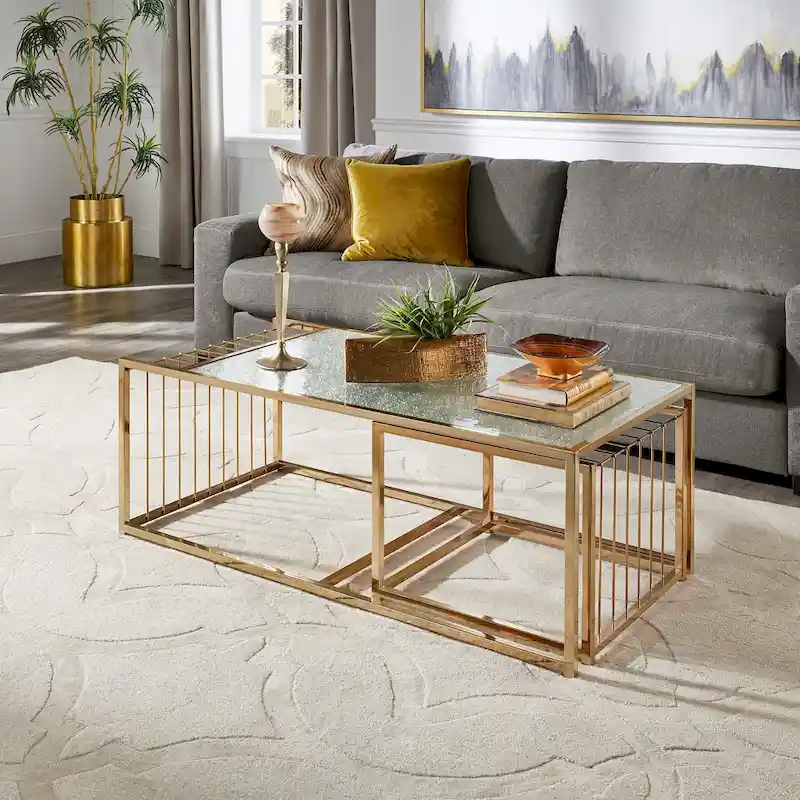 Champagne Gold Nesting Coffee Table Set with Textured Mirror Top, Glam Living Room Accent