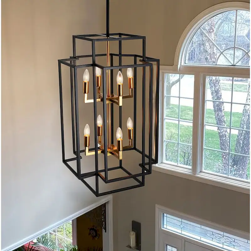 Black 8-Light Industrial Rectangle Iron Frame Pendant